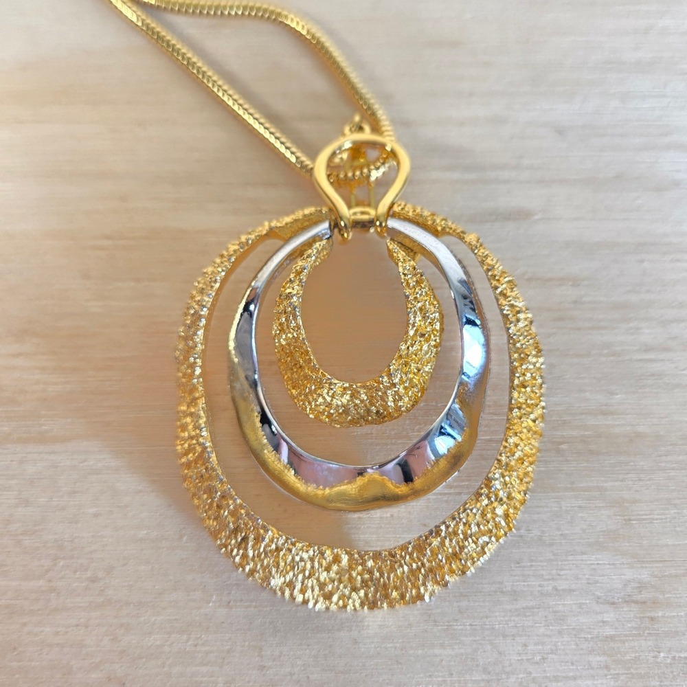 FO Signed Necklace Snake Chain Two Tone Pendant Movable Loops Vintage Geometric